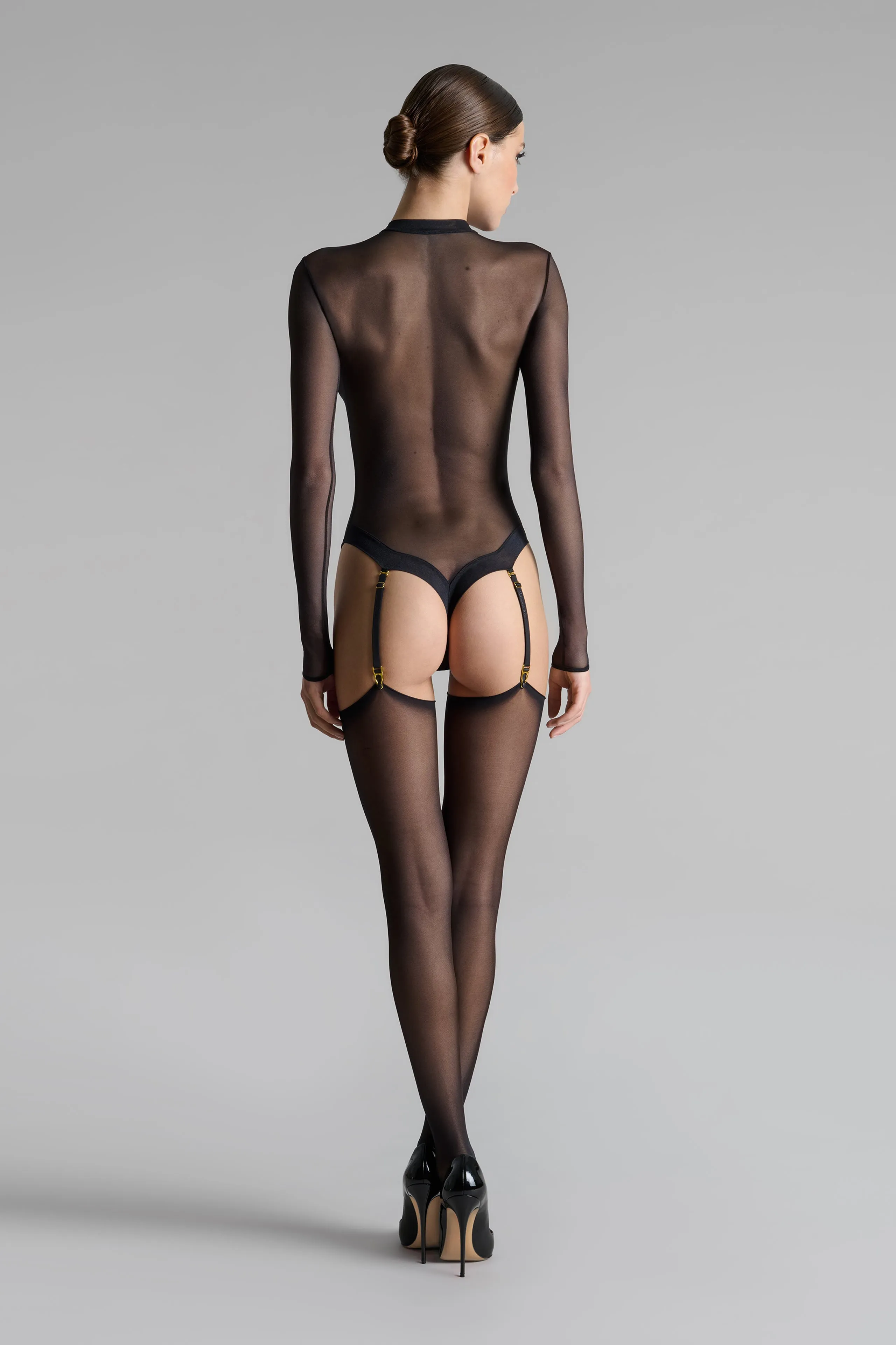 20D Silky Veil Rolled Cut Stockings - Black - Les Coquetteries
