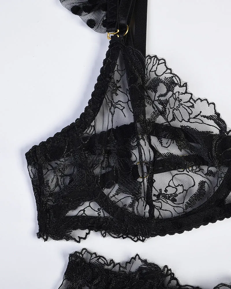 Embroidered Lace Lingerie Set With Chain