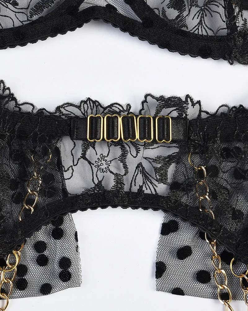 Embroidered Lace Lingerie Set With Chain