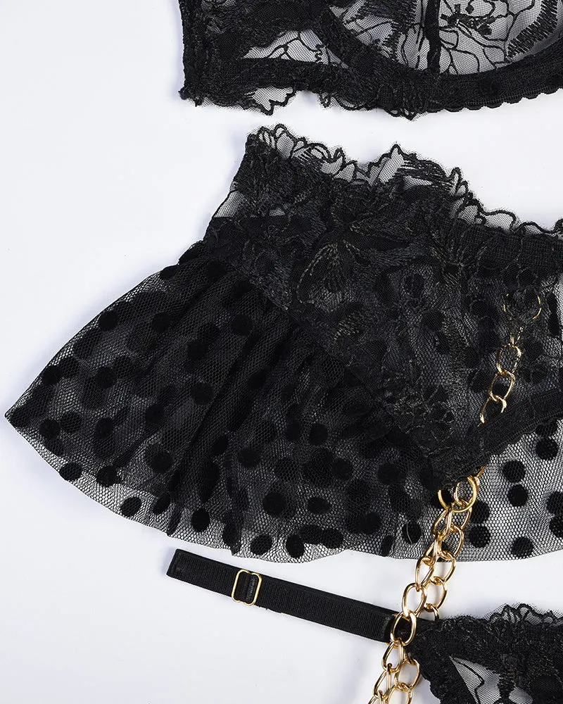 Embroidered Lace Lingerie Set With Chain