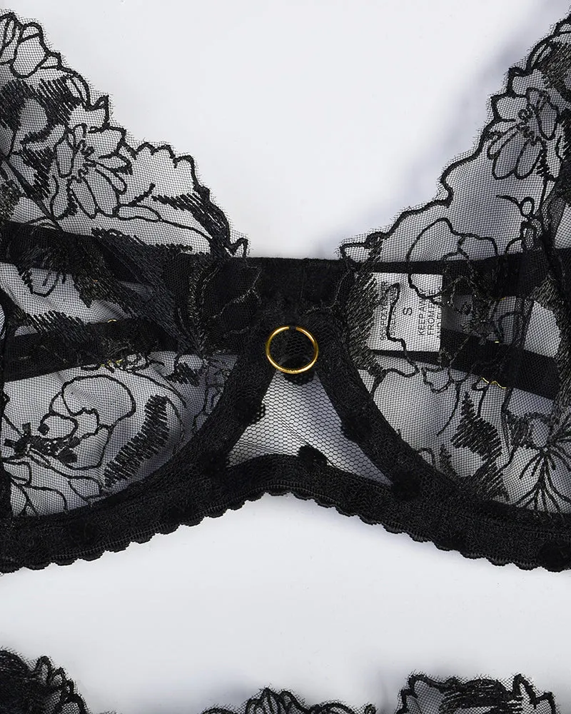 Embroidered Lace Lingerie Set With Chain