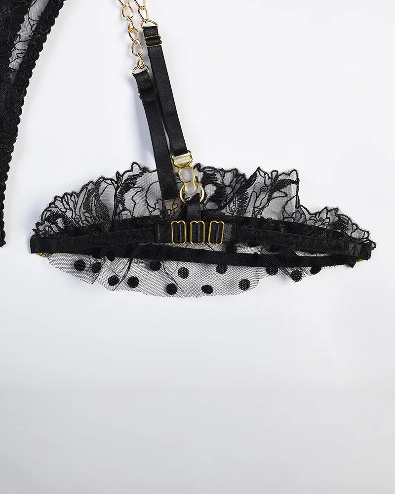 Embroidered Lace Lingerie Set With Chain