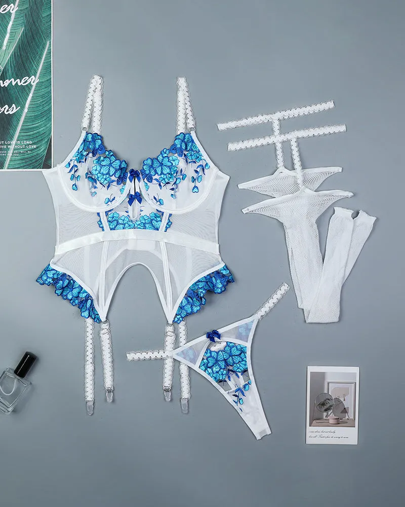 Embroidered Patchwork Corset Sets with Stockings