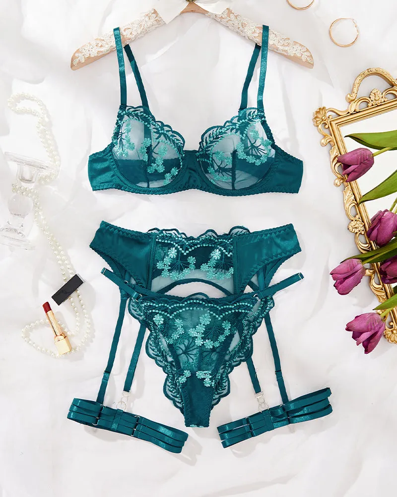 Embroidery Lace Garter Lingerie Set