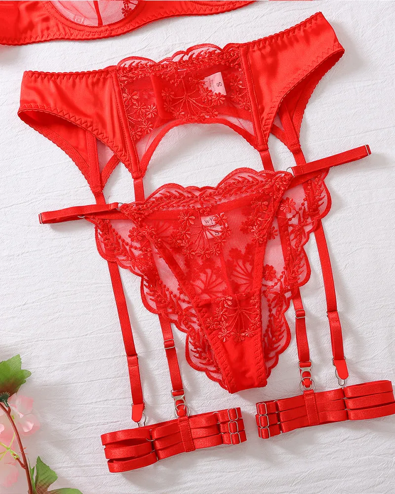 Embroidery Lace Garter Lingerie Set