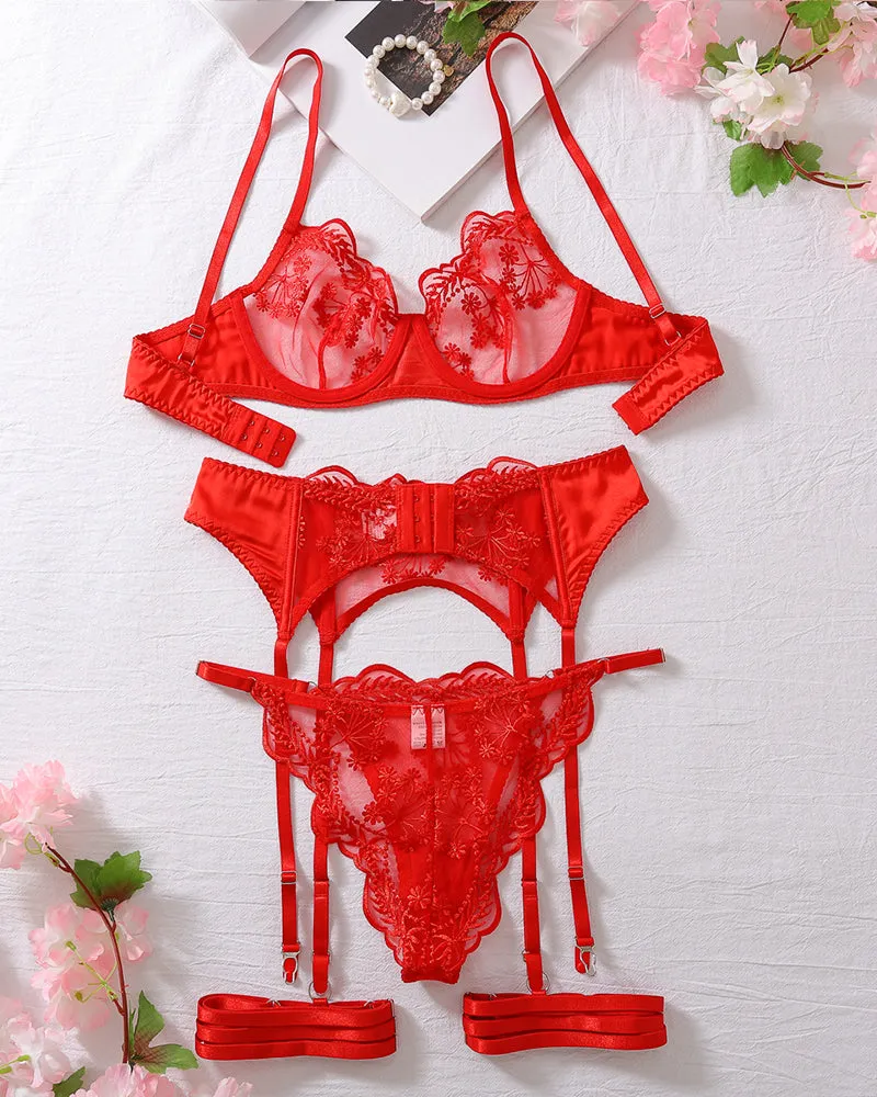Embroidery Lace Garter Lingerie Set