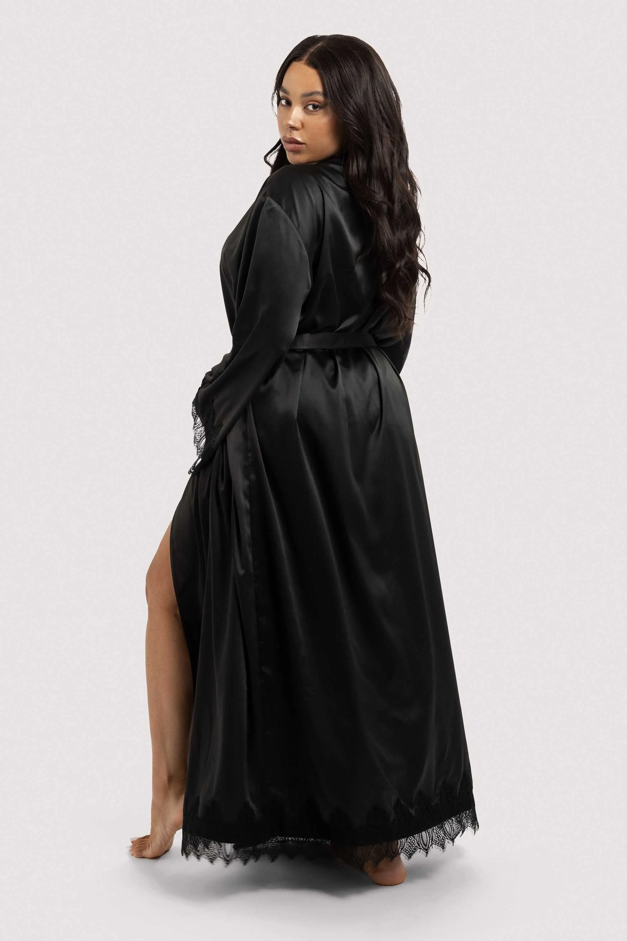 Enyo Black Applique Lace & Satin Robe