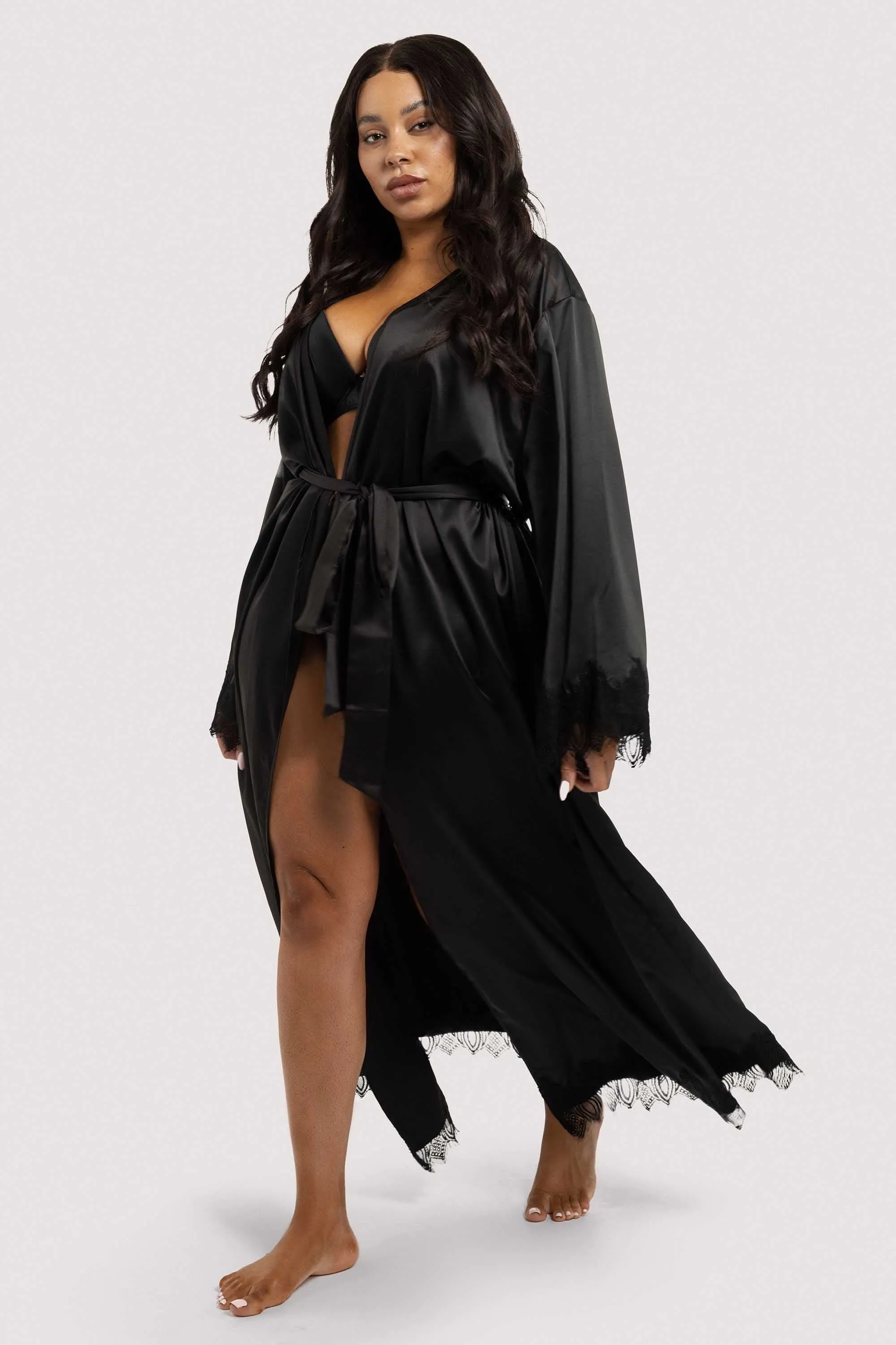 Enyo Black Applique Lace & Satin Robe