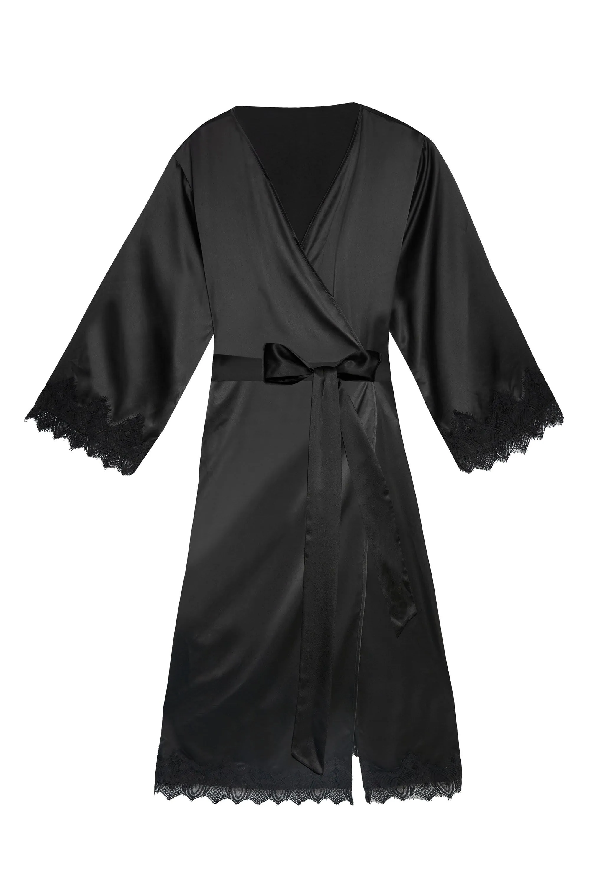 Enyo Black Applique Lace & Satin Robe