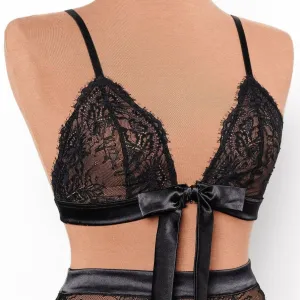 Eyelash Lace Bow Bralette - Black