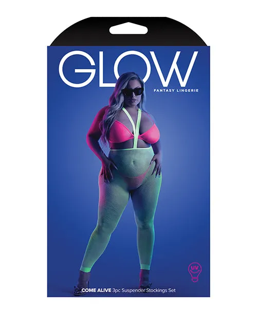 Glow Come Alive Suspender Stockings. Bralette & G-string Multi Color