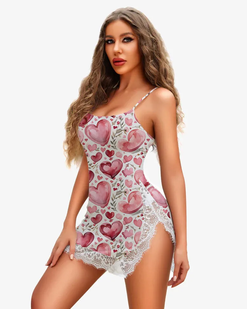 Heart Floral Strap Lace Side Slit Dress