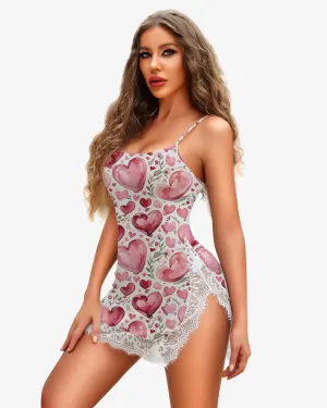 Heart Floral Strap Lace Side Slit Dress