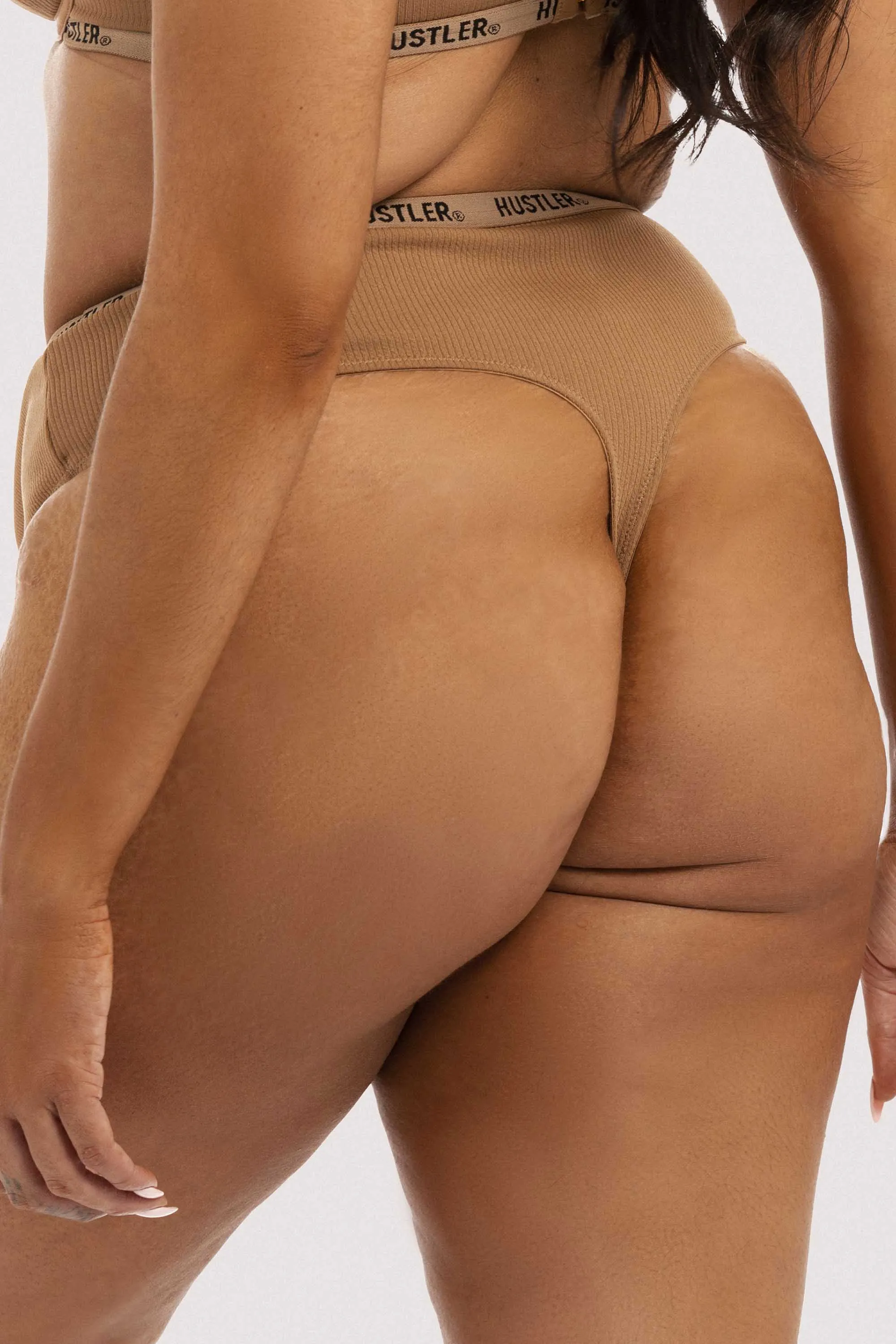 Hustler Branded Ribbed High Waist Thong Caramel