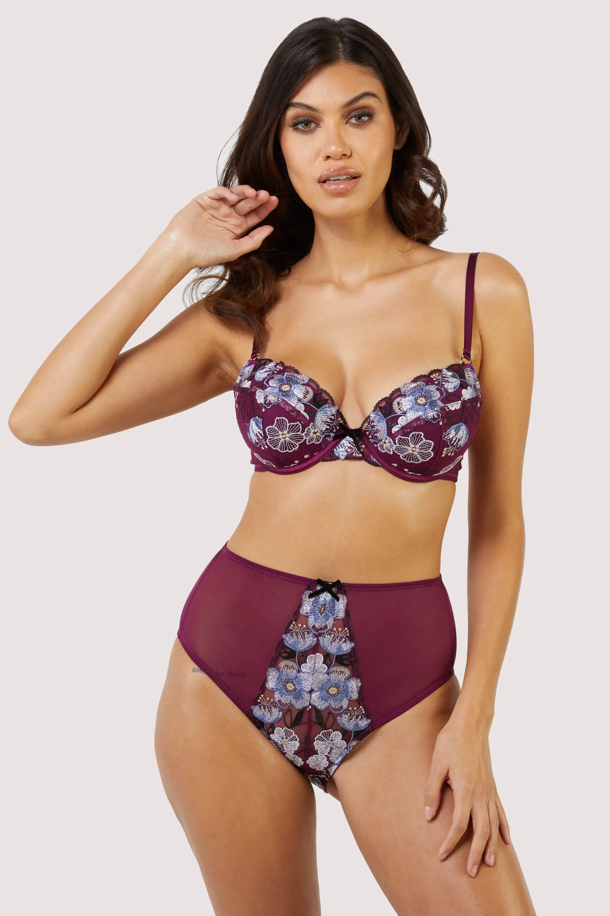 Joanna Burgundy Gold Embroidery Padded Plunge Bra