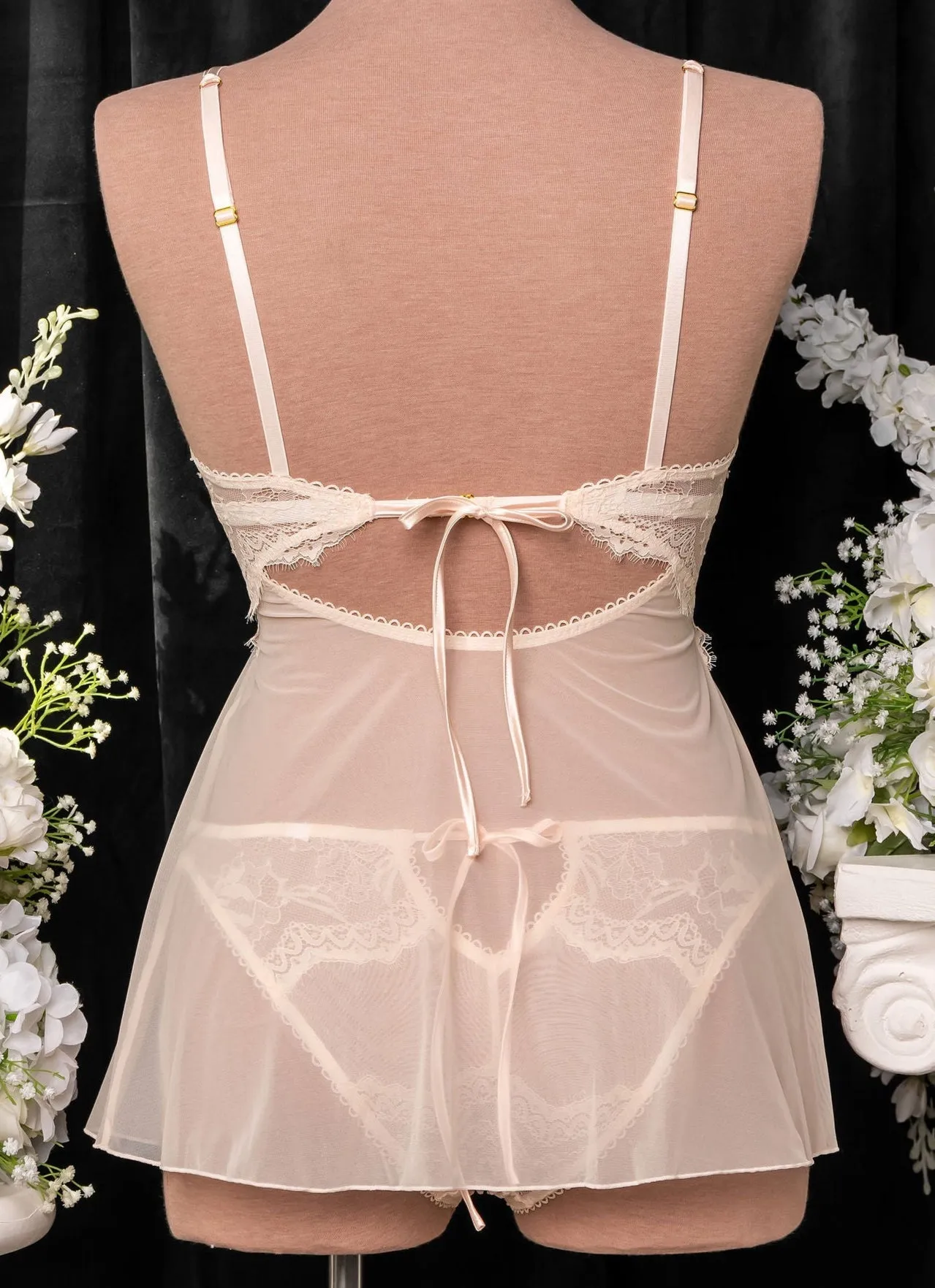 Lace & Mesh Button Babydoll - Champagne
