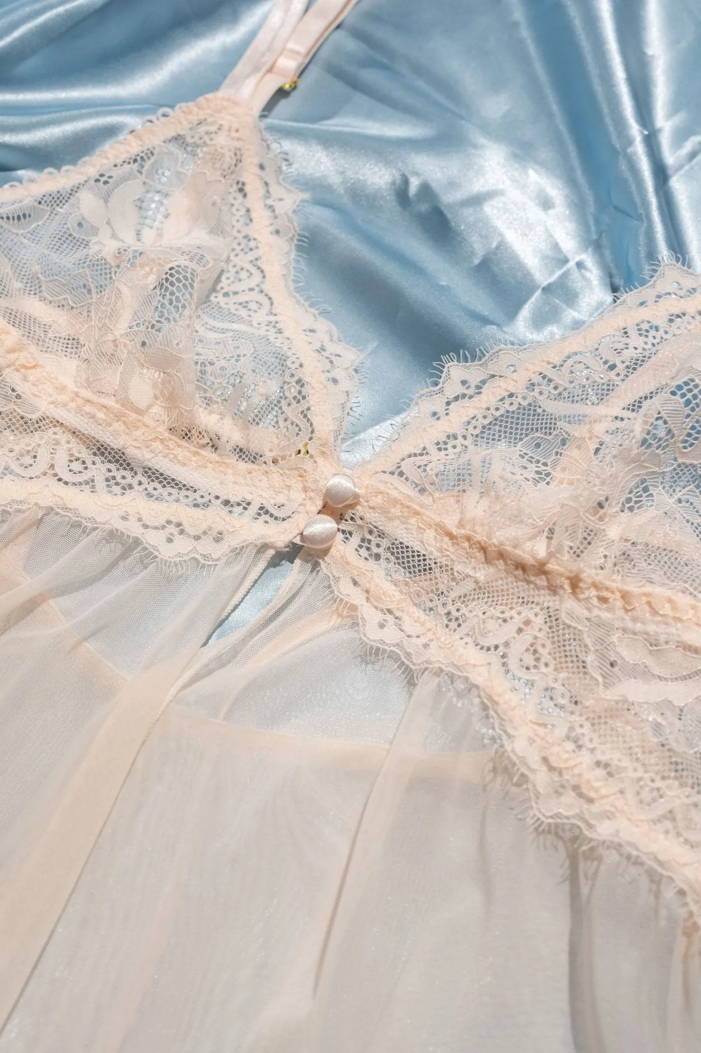 Lace & Mesh Button Babydoll - Champagne