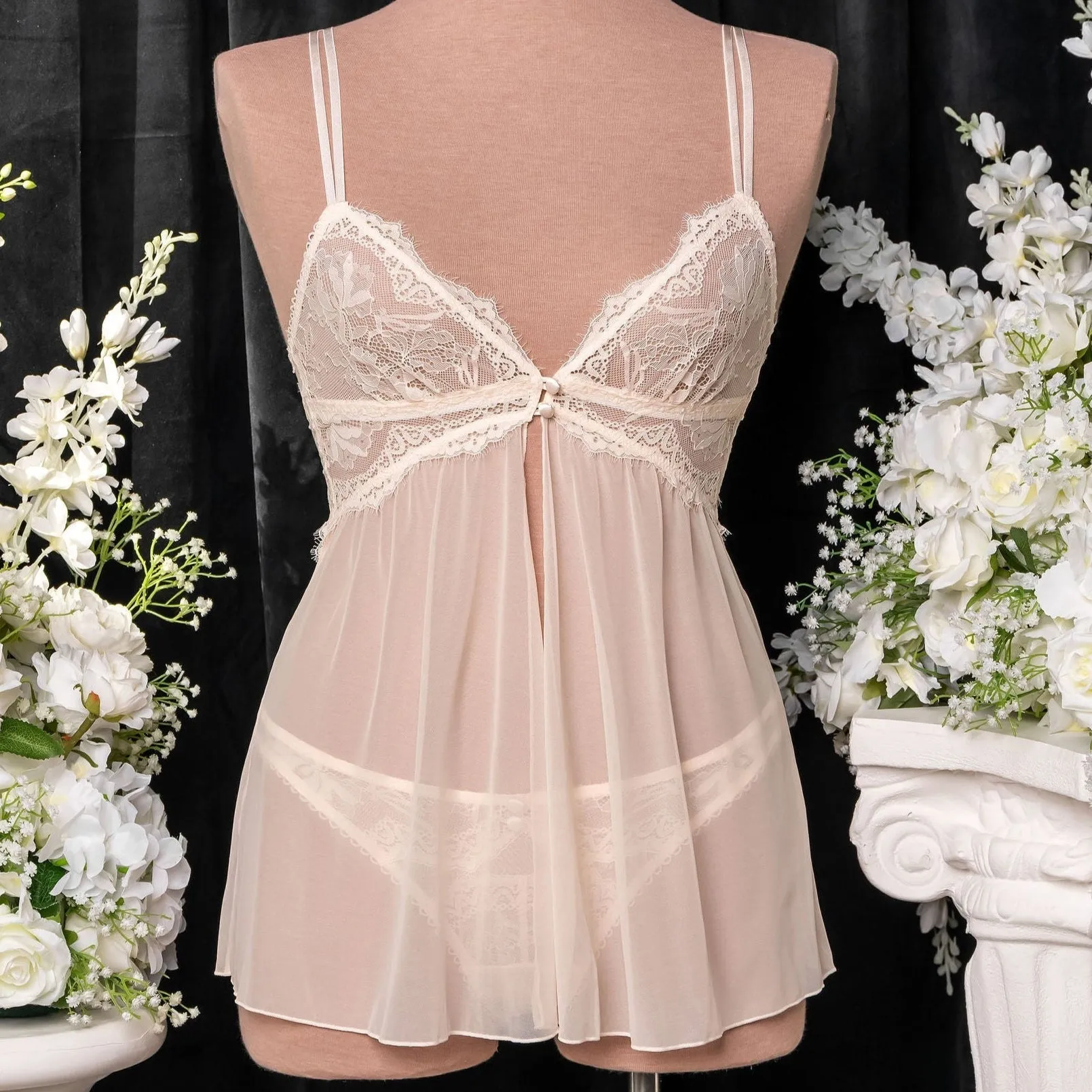 Lace & Mesh Button Babydoll - Champagne