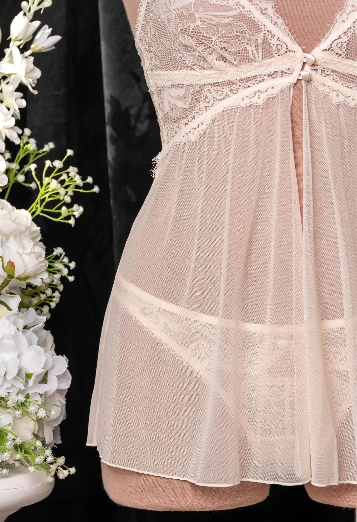 Lace & Mesh Button Babydoll - Champagne