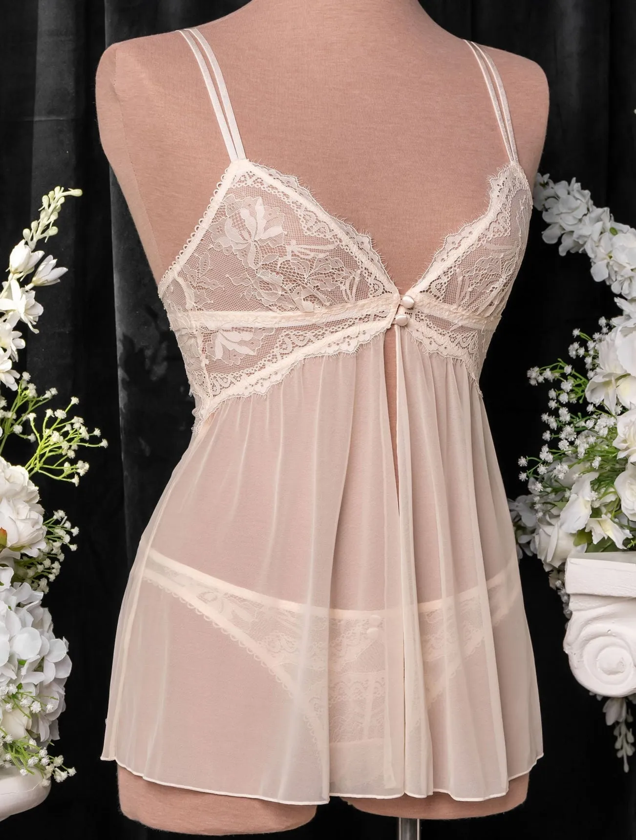 Lace & Mesh Button Babydoll - Champagne