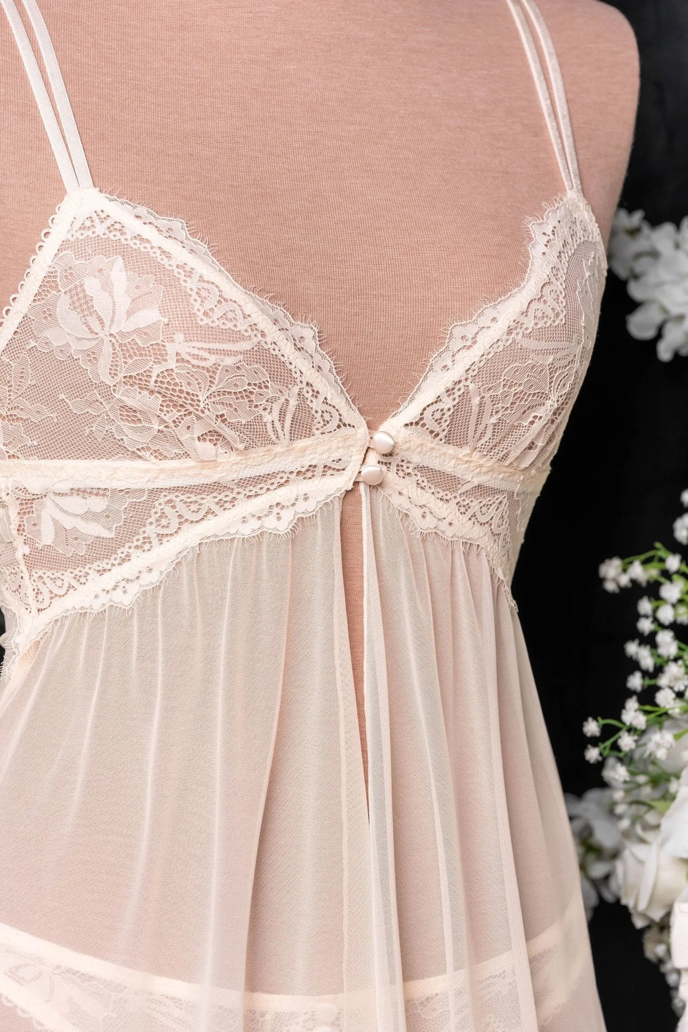 Lace & Mesh Button Babydoll - Champagne