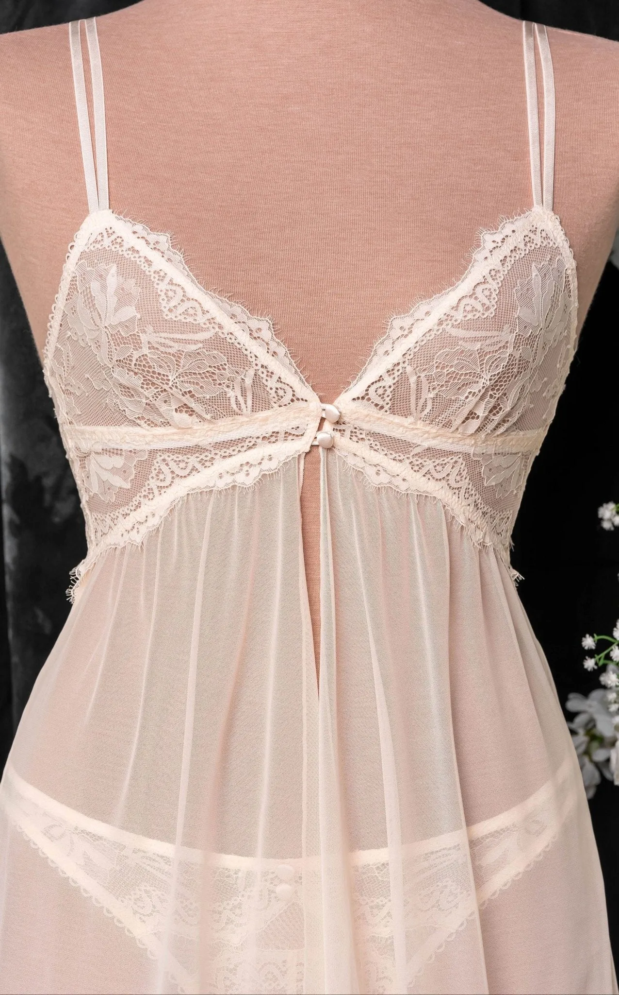 Lace & Mesh Button Babydoll - Champagne
