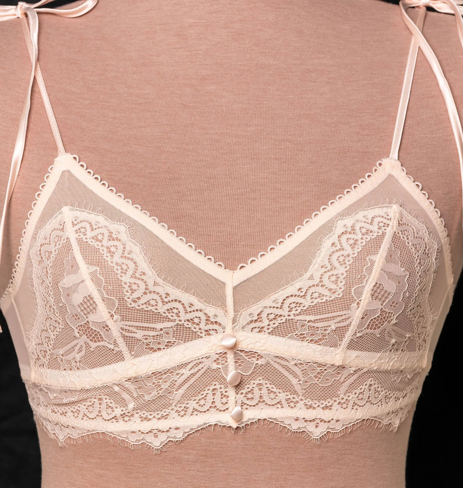 Lace & Mesh Button Bralette - Champagne