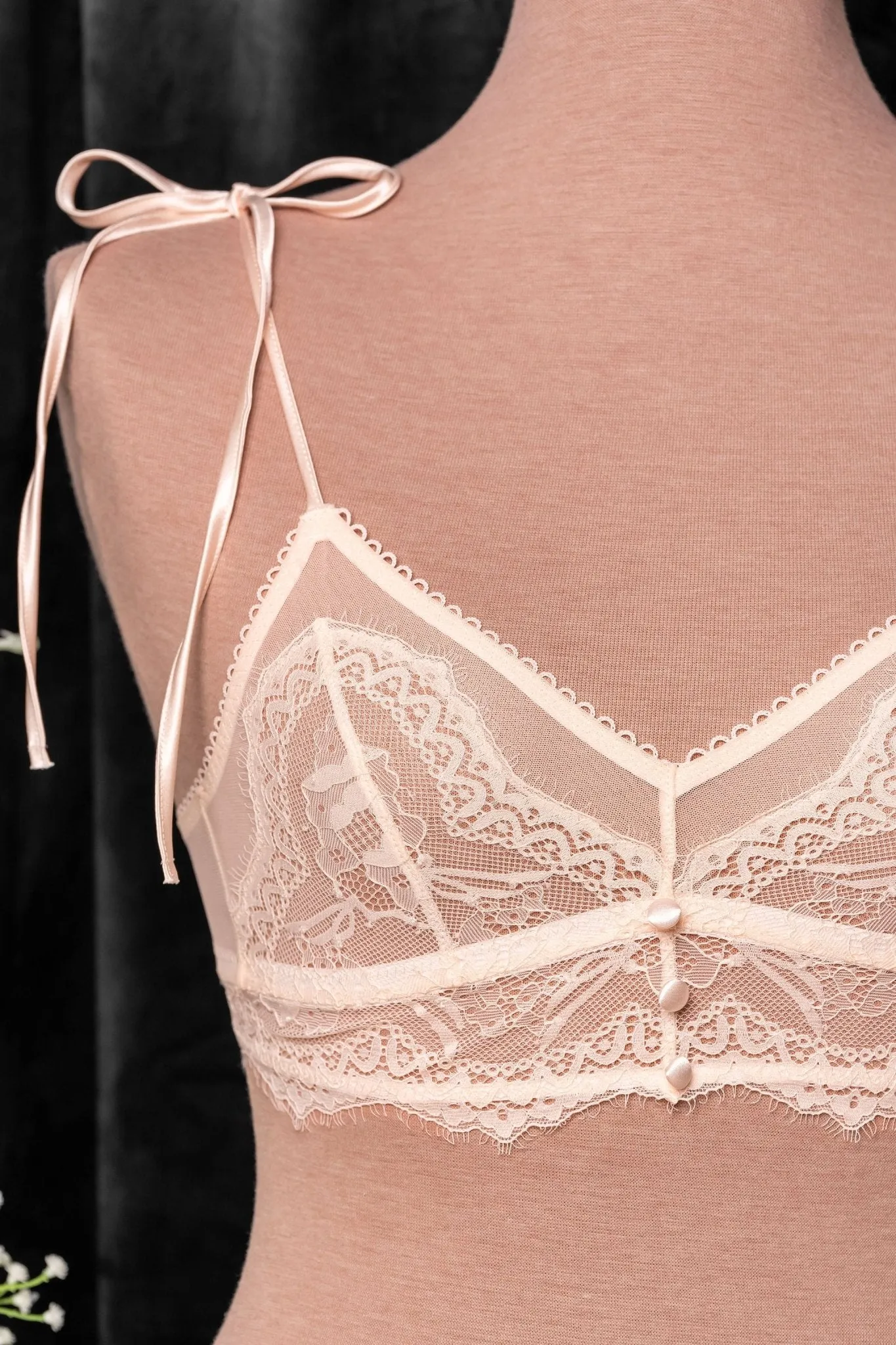 Lace & Mesh Button Bralette - Champagne