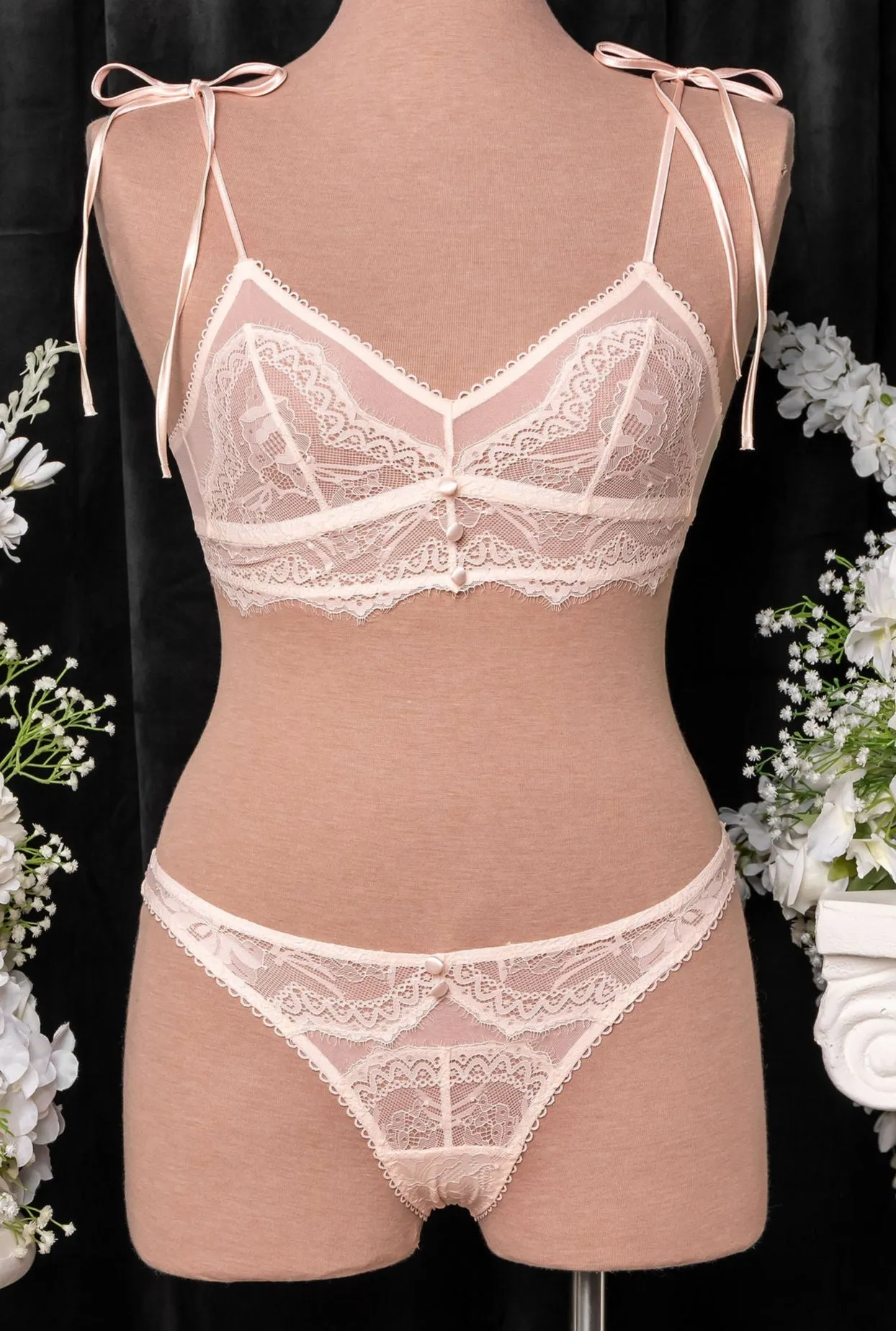 Lace & Mesh Button Bralette - Champagne