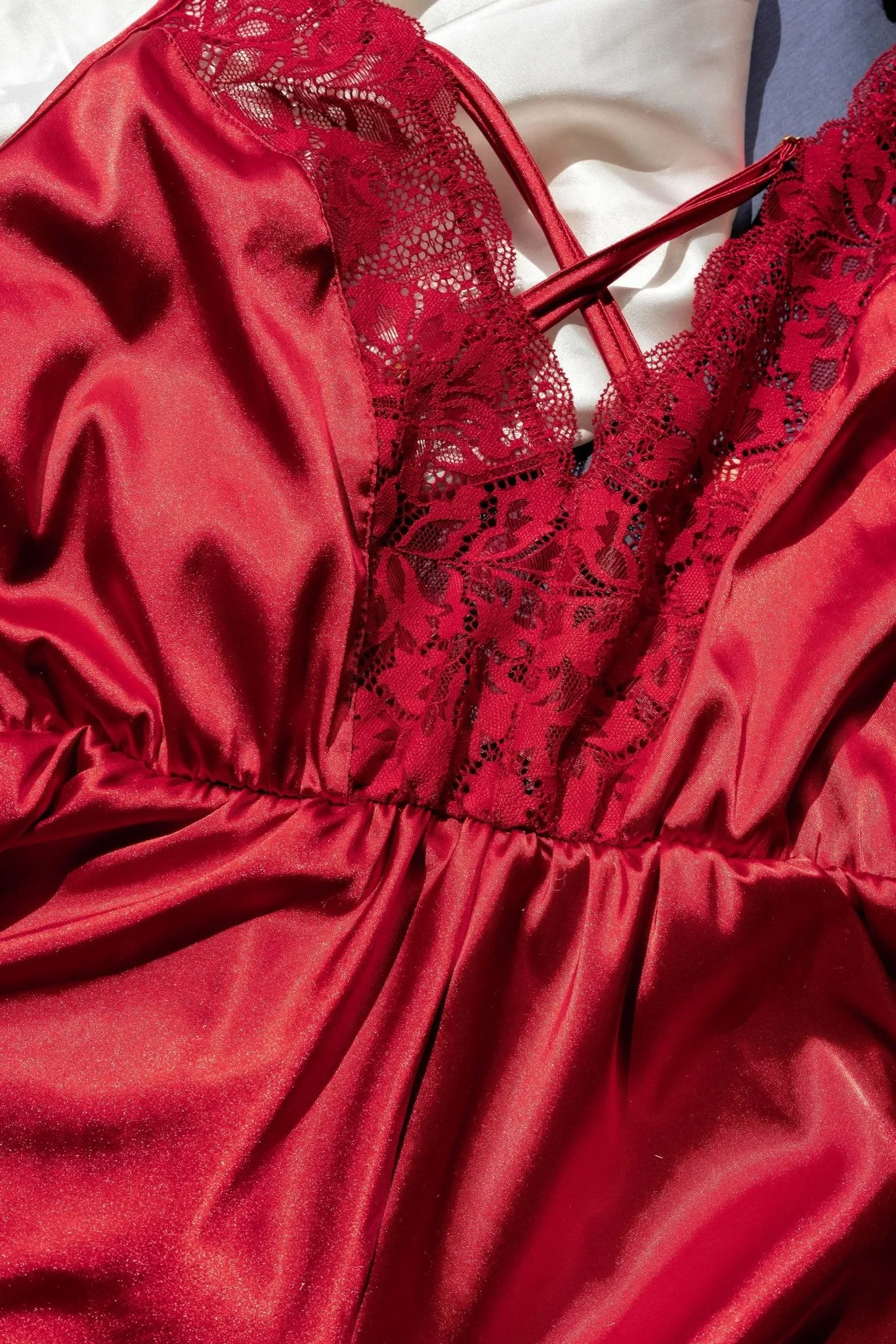 Lacy Plunge Satin Romper - Red