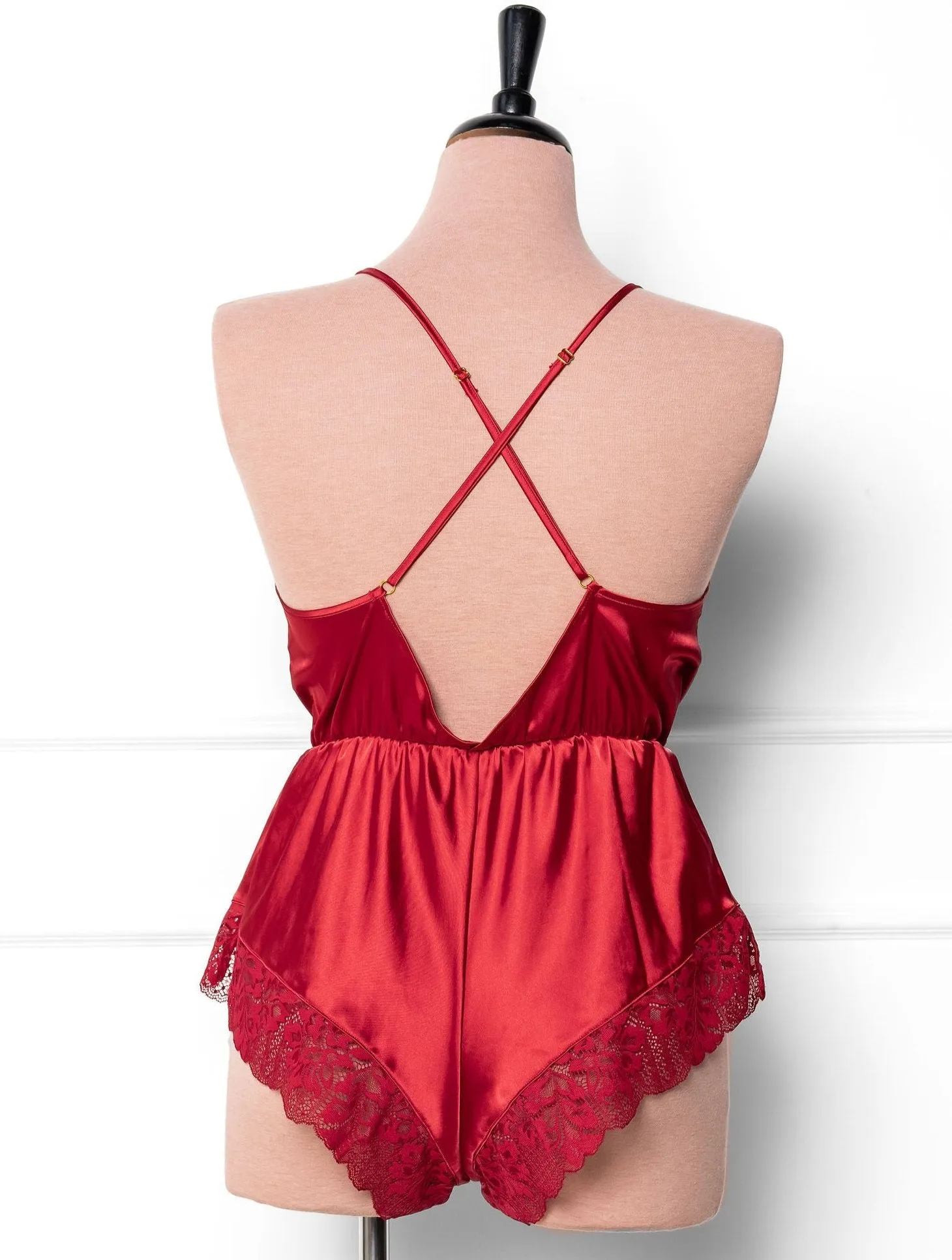 Lacy Plunge Satin Romper - Red