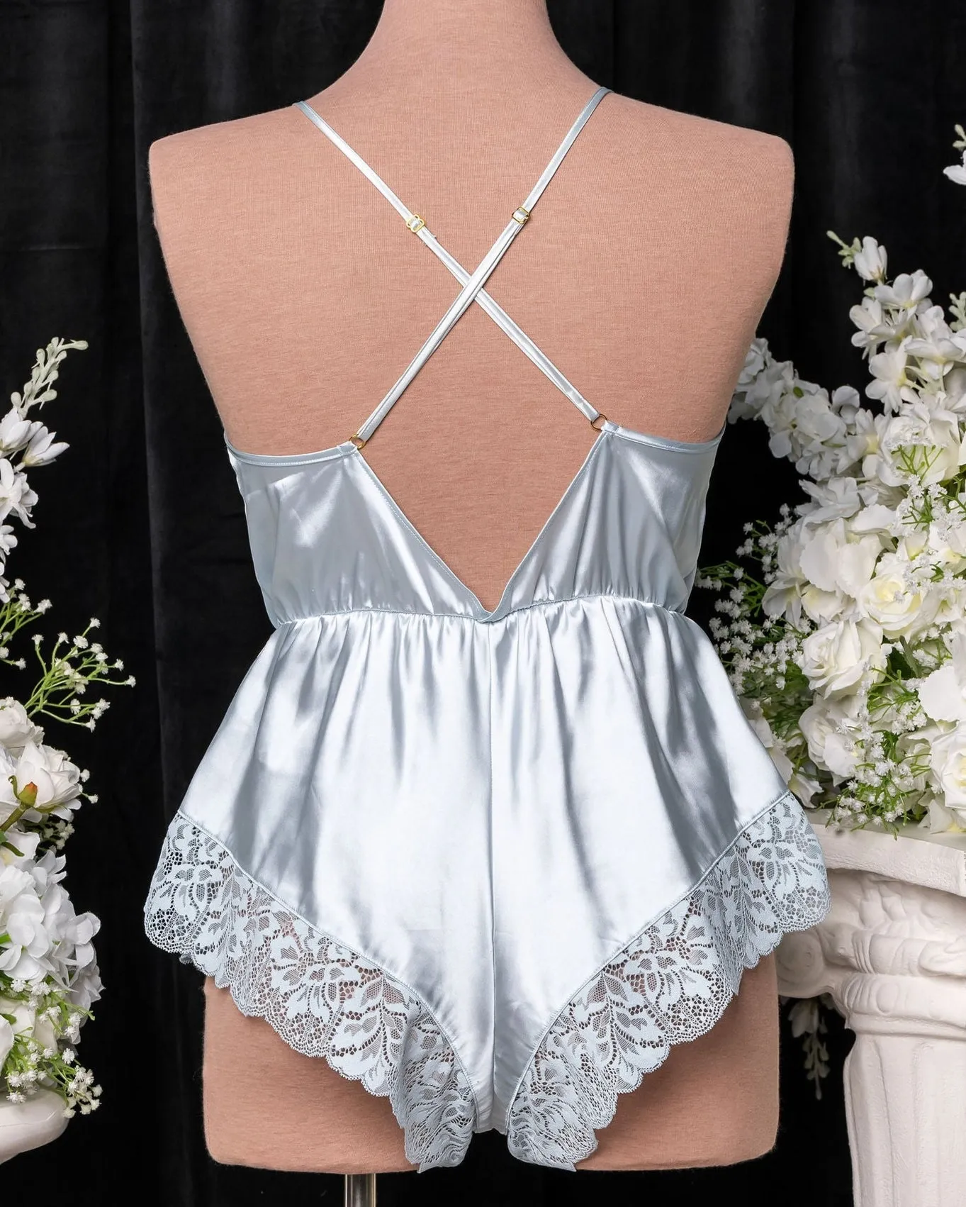 Lacy Plunge Satin Romper - Something Blue