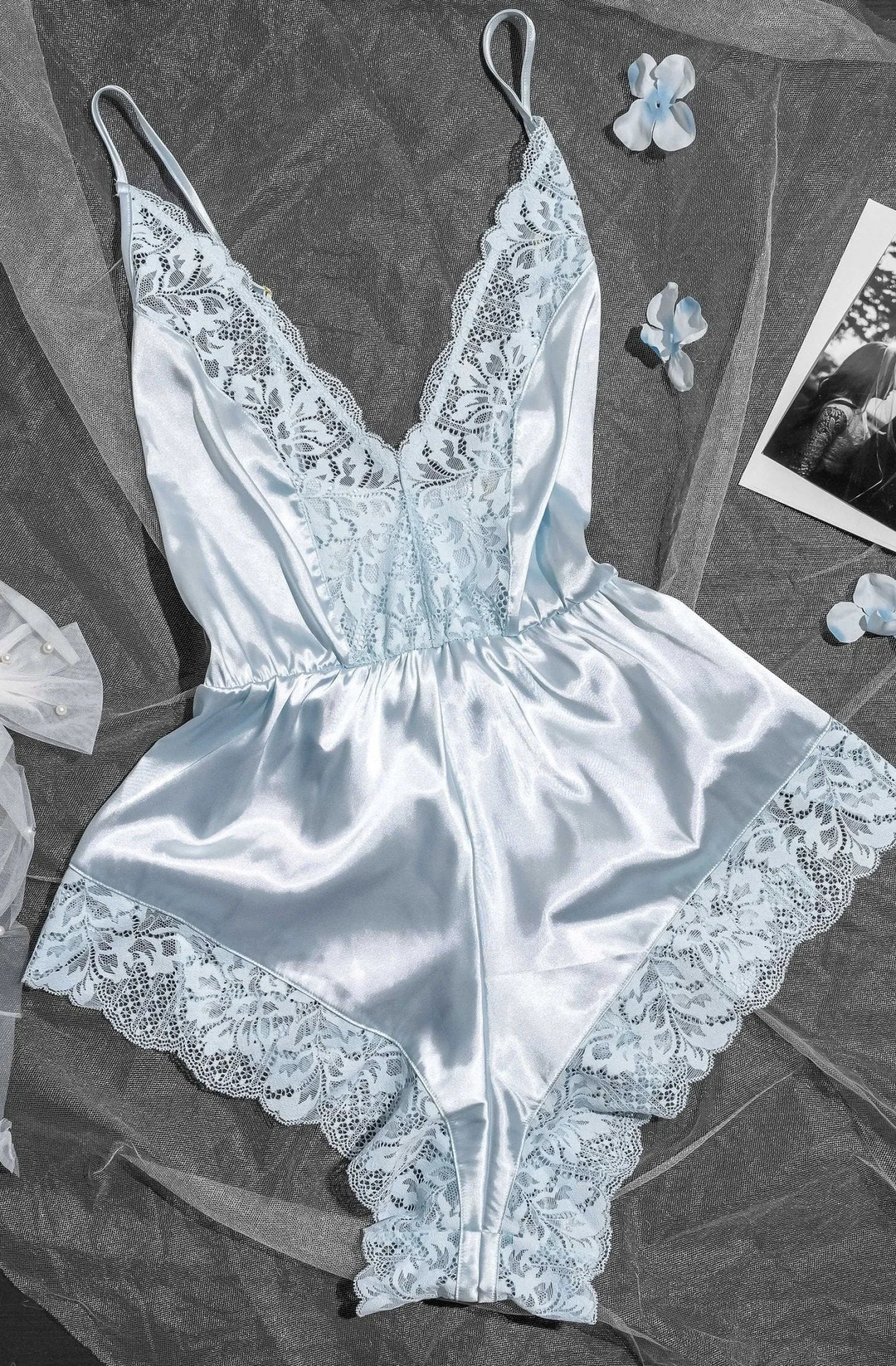 Lacy Plunge Satin Romper - Something Blue