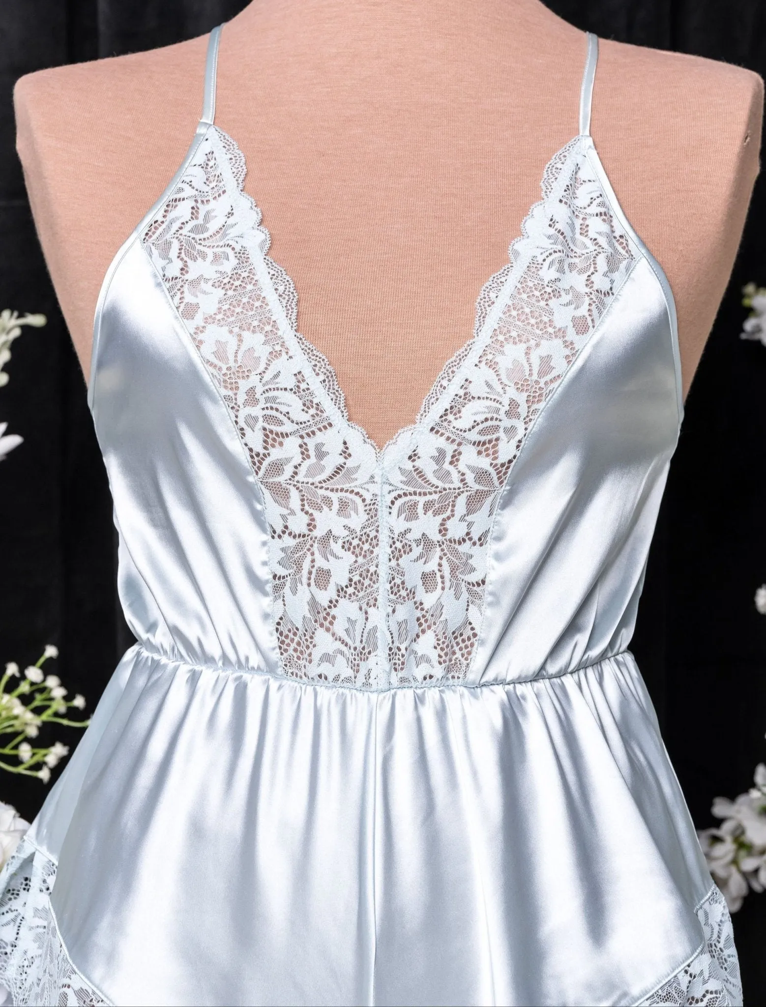 Lacy Plunge Satin Romper - Something Blue