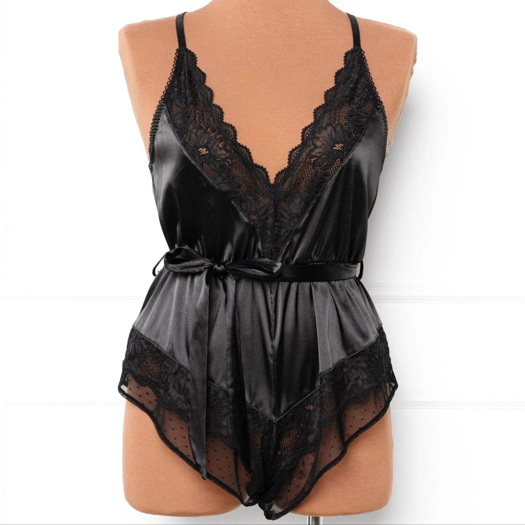 Lacy Satin Bow Romper - Black