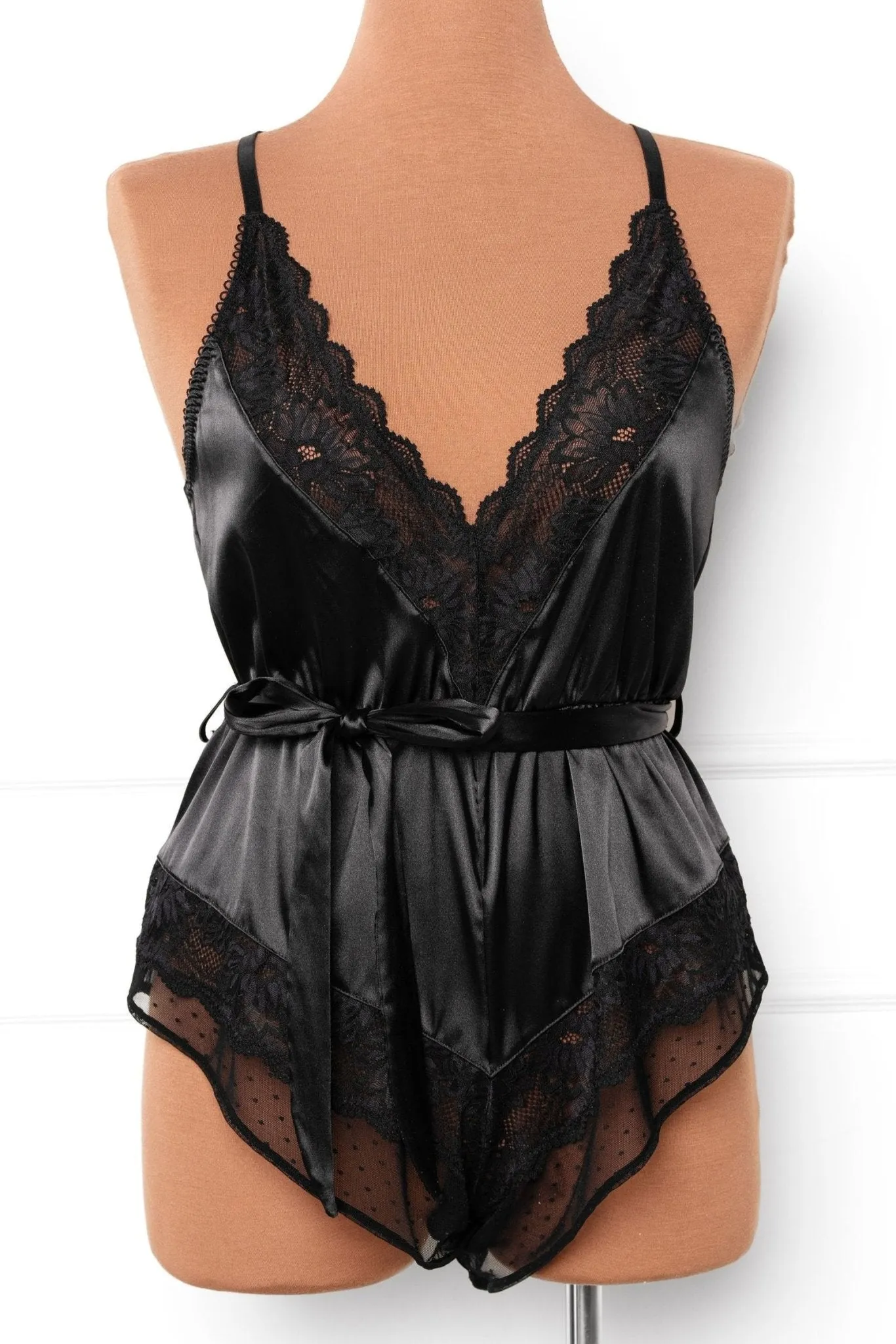 Lacy Satin Bow Romper - Black