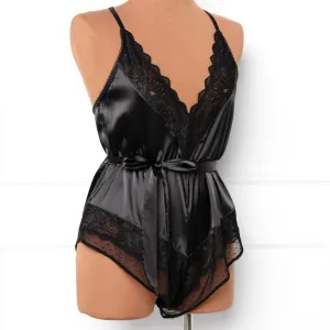 Lacy Satin Bow Romper - Black