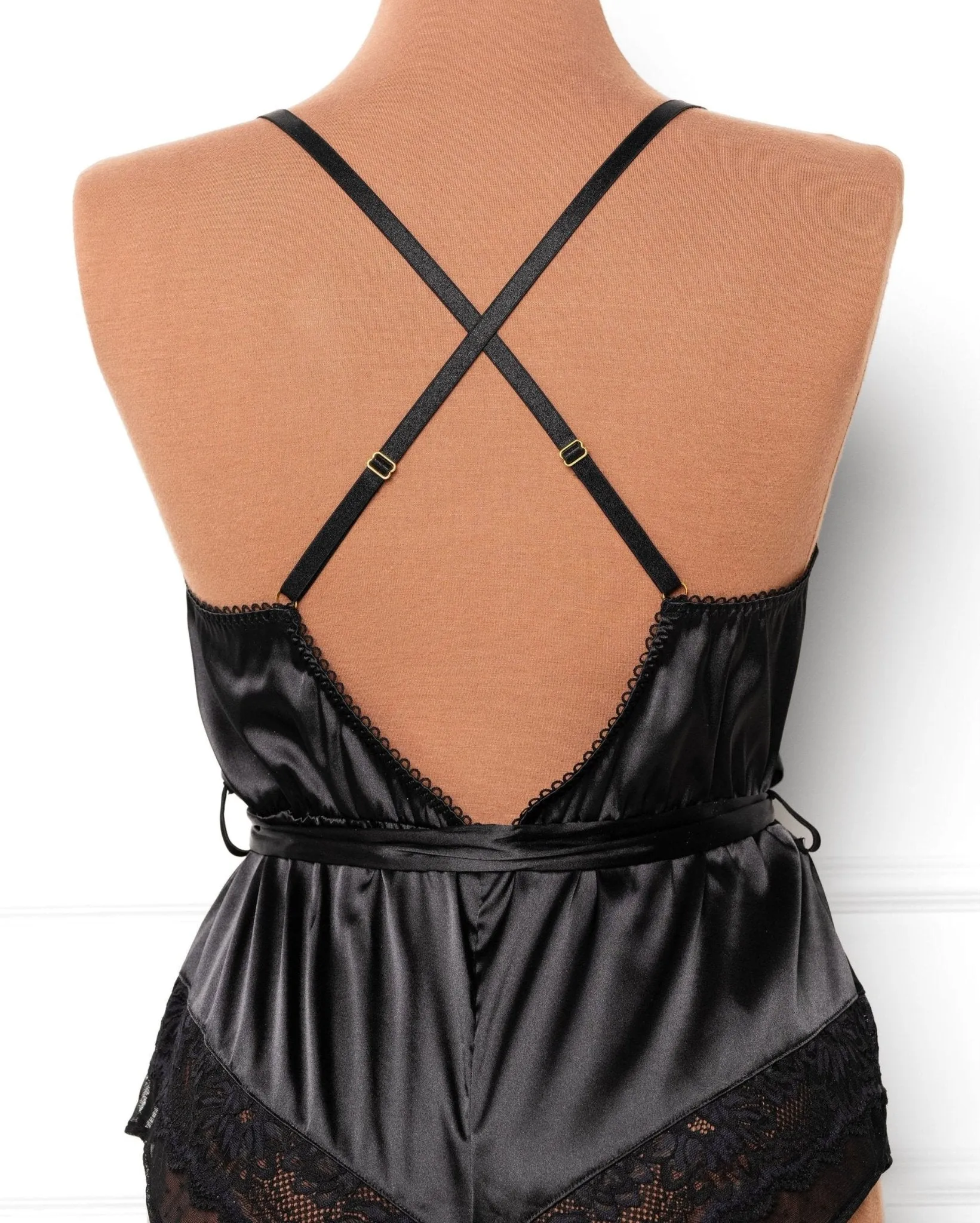 Lacy Satin Bow Romper - Black
