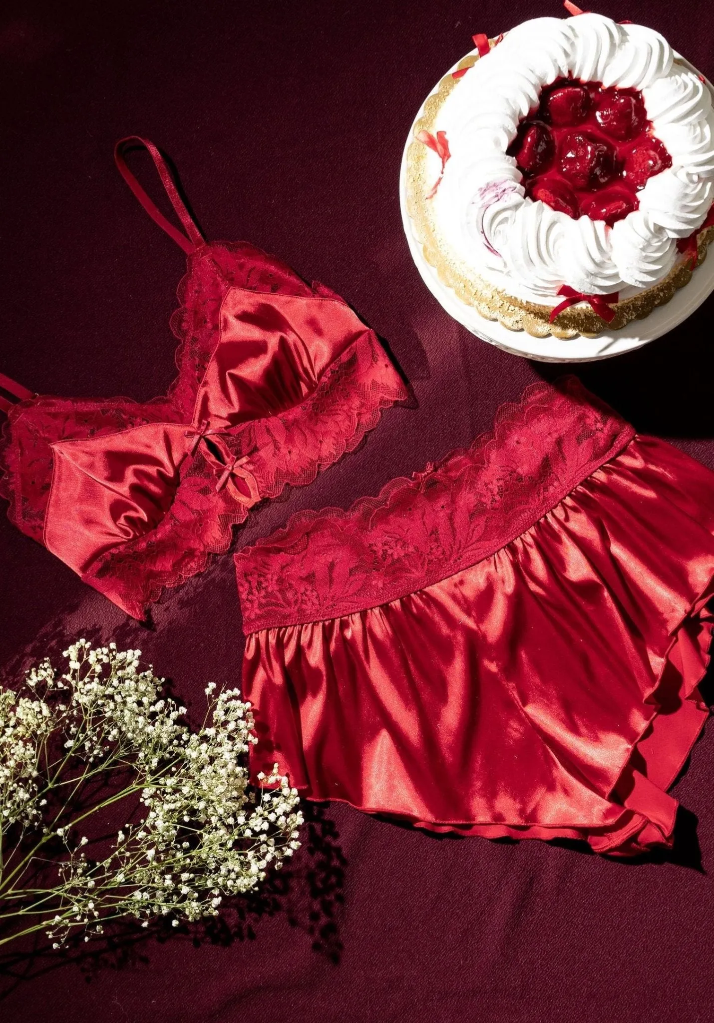 Lacy Satin Bralette - Red
