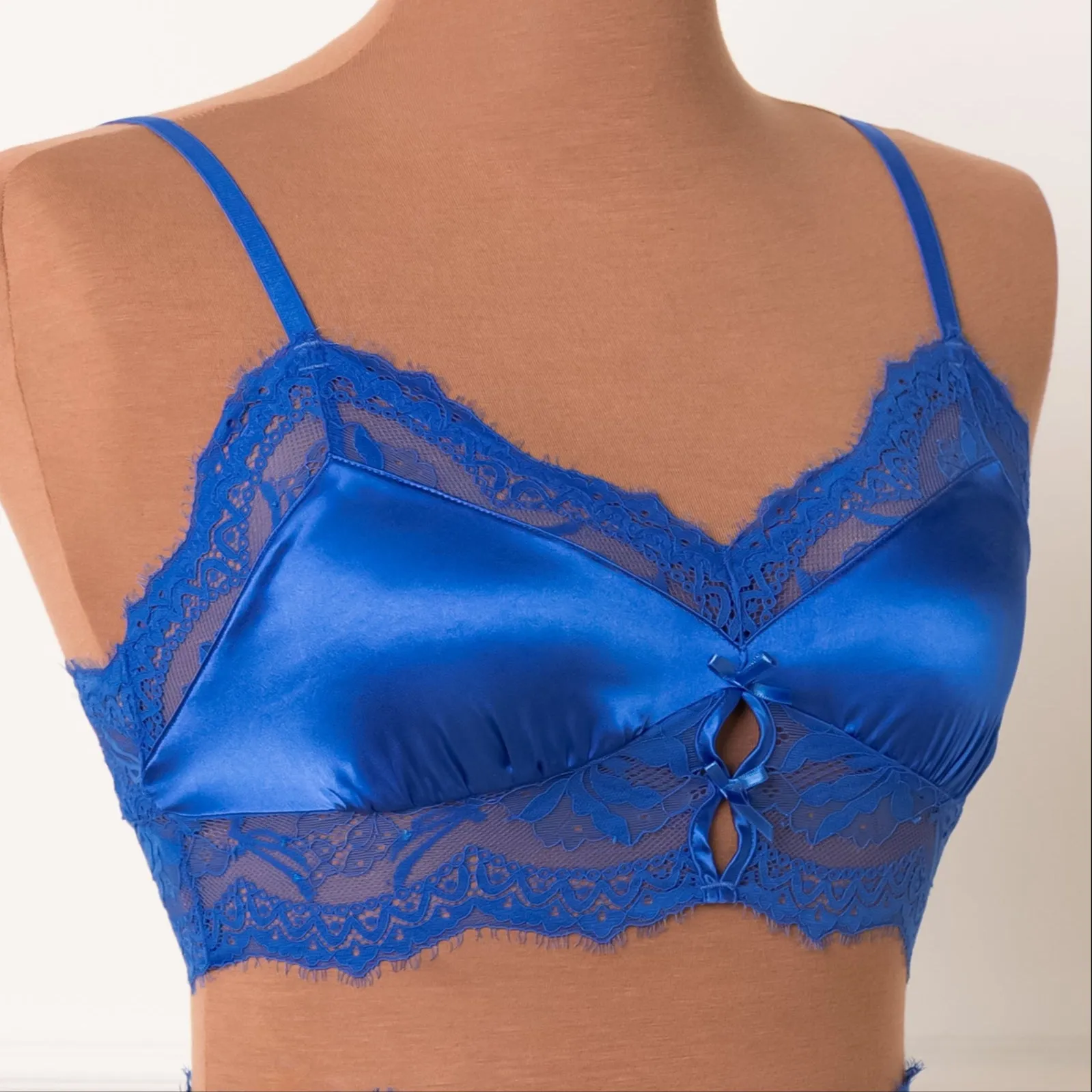 Lacy Satin Keyhole Bralette - Cobalt