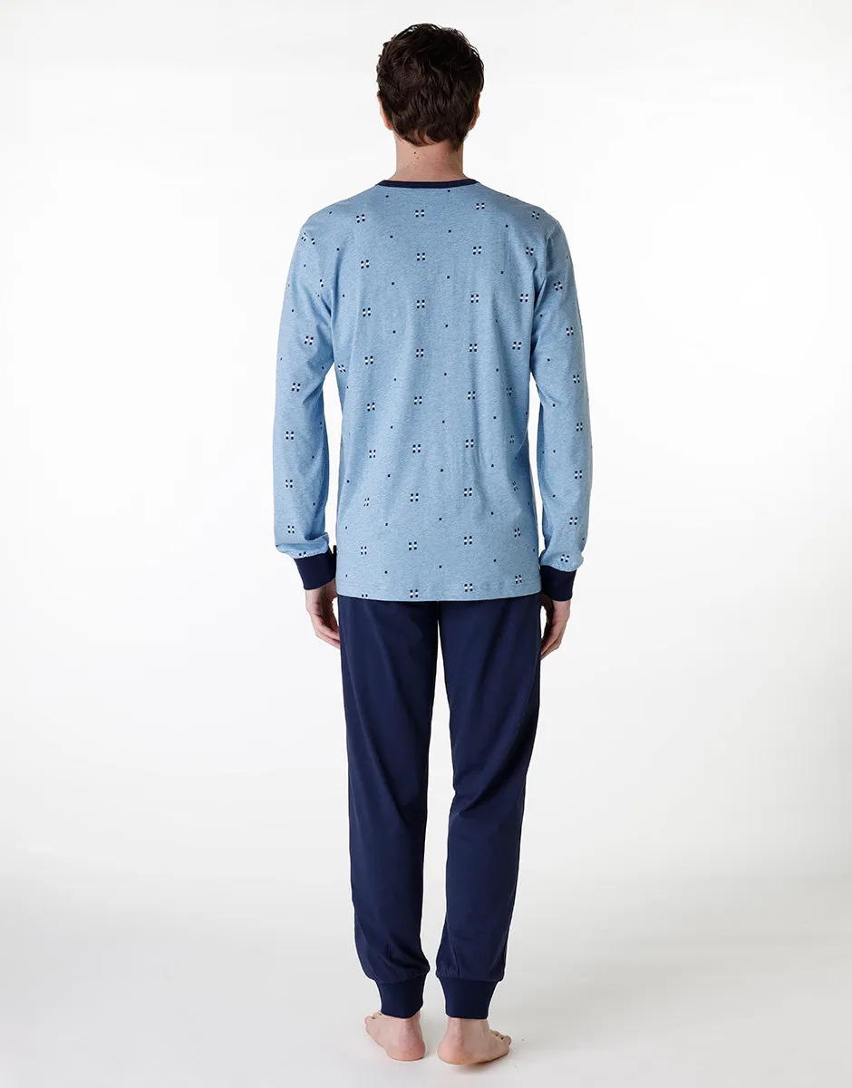 Long serafino pajama in heather blue jersey for men