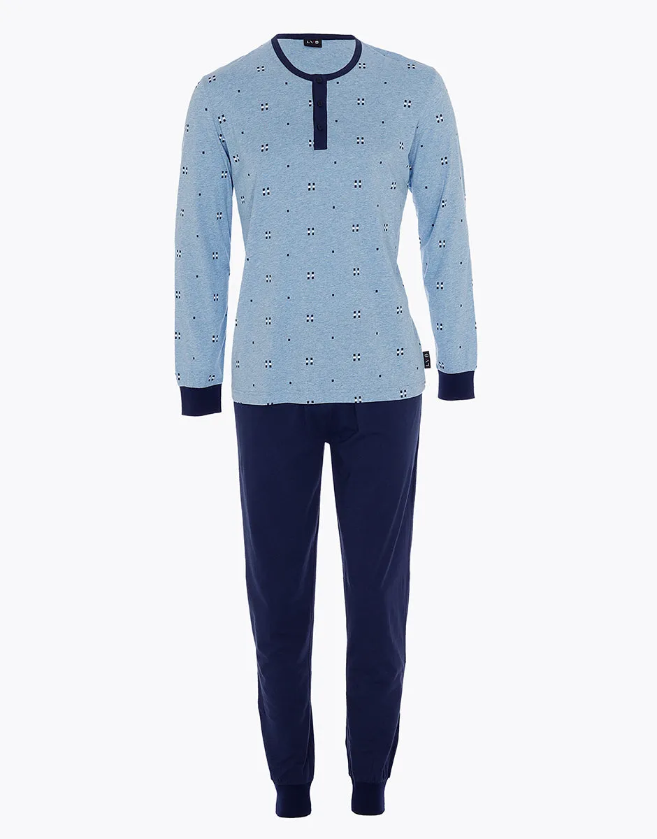 Long serafino pajama in heather blue jersey for men