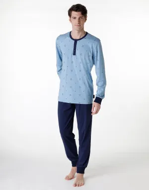 Long serafino pajama in heather blue jersey for men