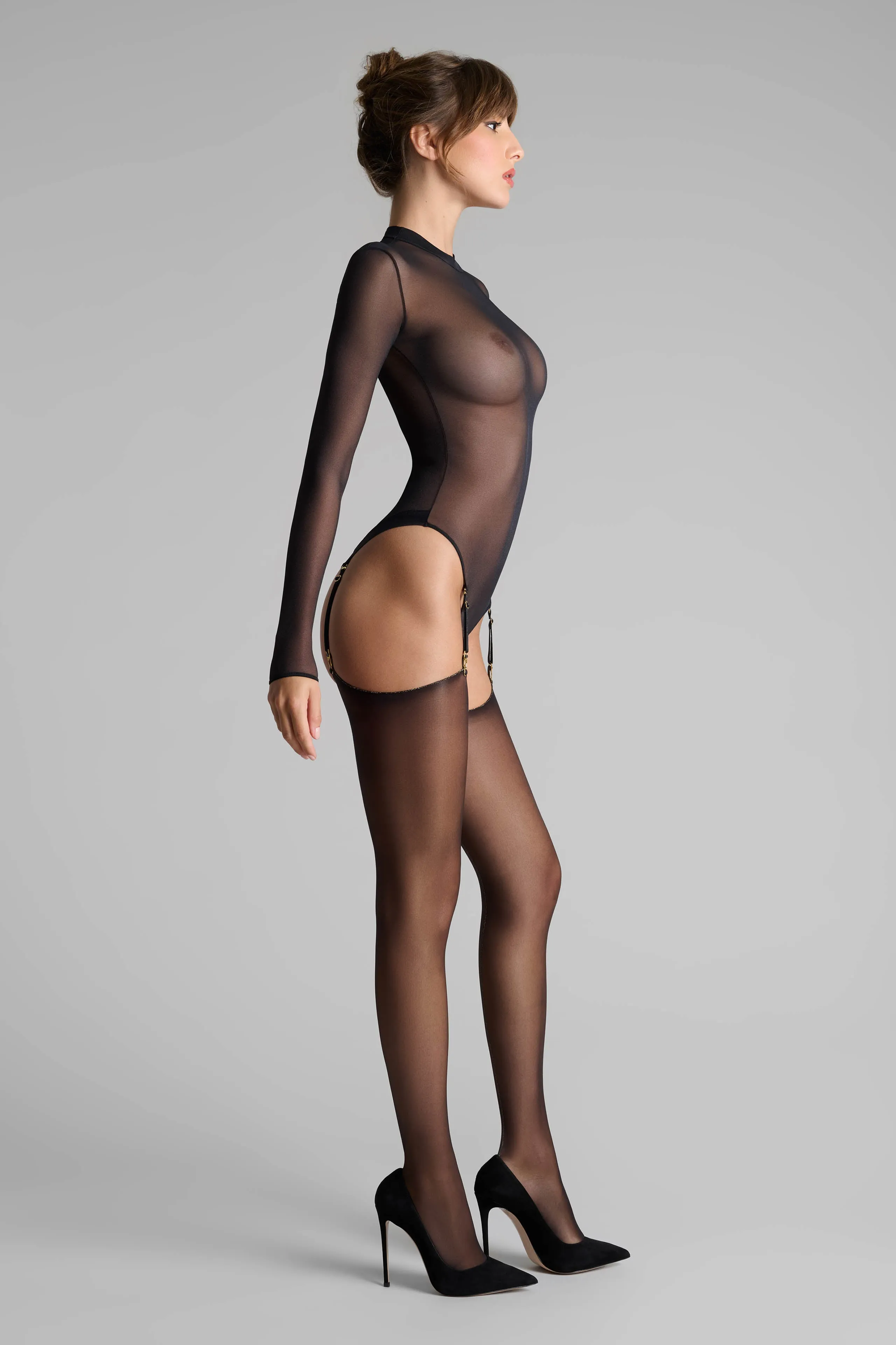 Lurex 20D rolled seam stockings - Black/Gold - Les Coquetteries