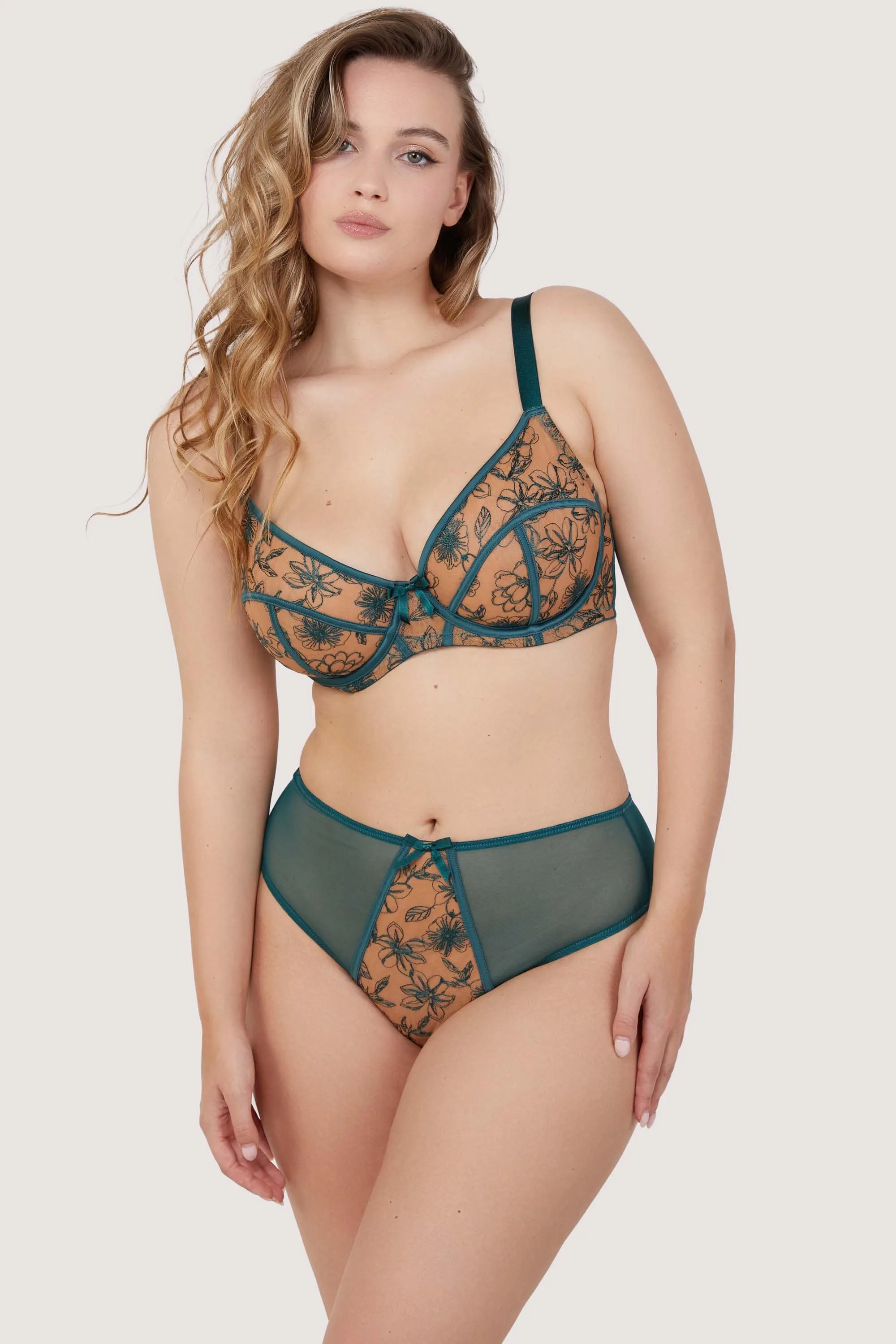 Olivia Teal Contrast Embroidery Balconette Bra