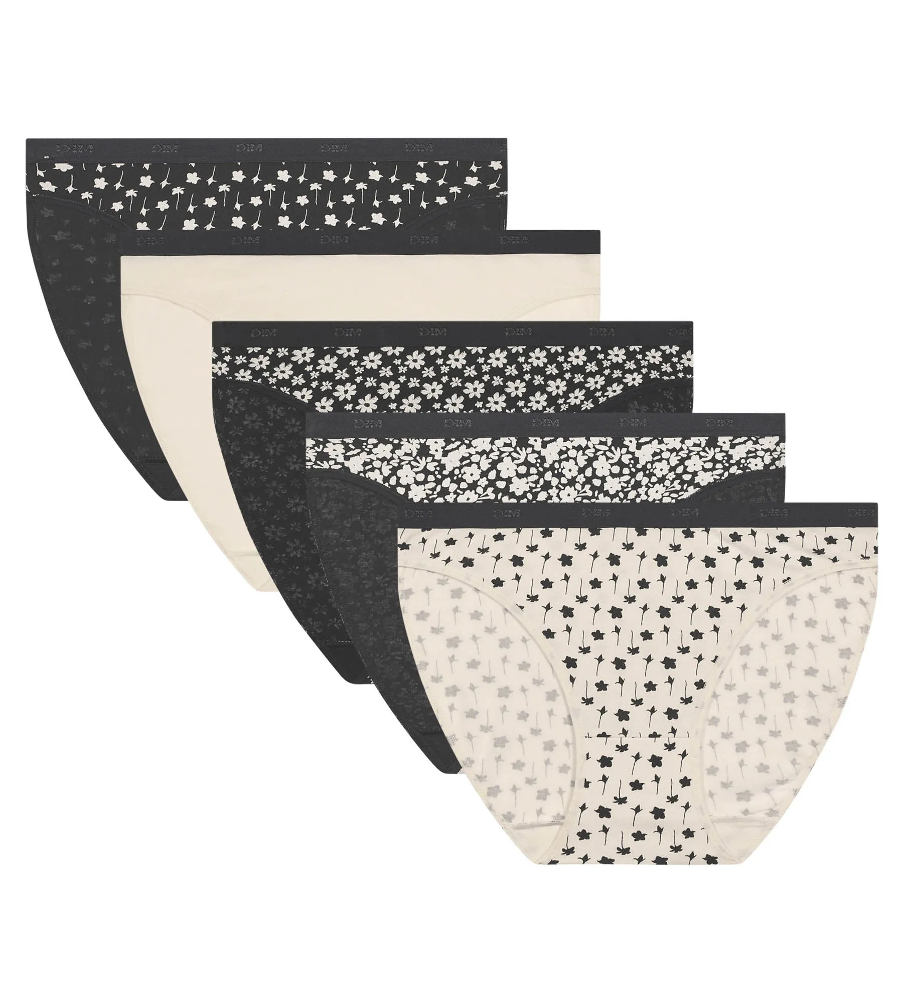 Pack of 5 stretch cotton floral knickers White Black Les Pockets