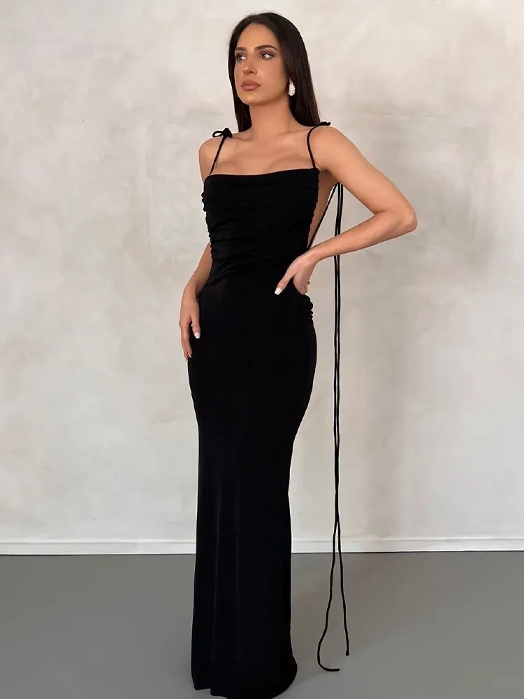 #PB Elegant Backless Draped Maxi Dress