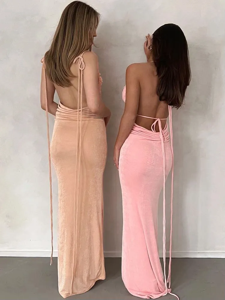 #PB Elegant Backless Draped Maxi Dress
