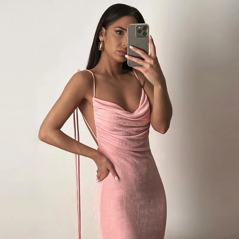 #PB Elegant Backless Draped Maxi Dress