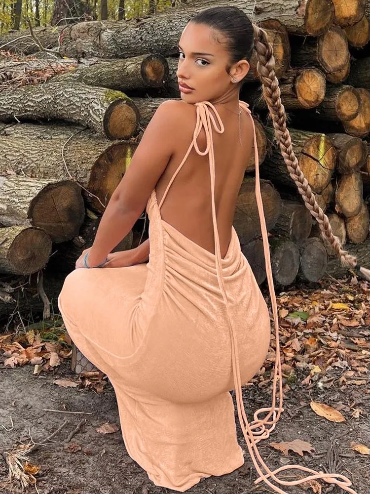 #PB Elegant Backless Draped Maxi Dress